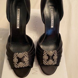 Manolo Blahnik Cassiado Crystal Buckle Peep Toe